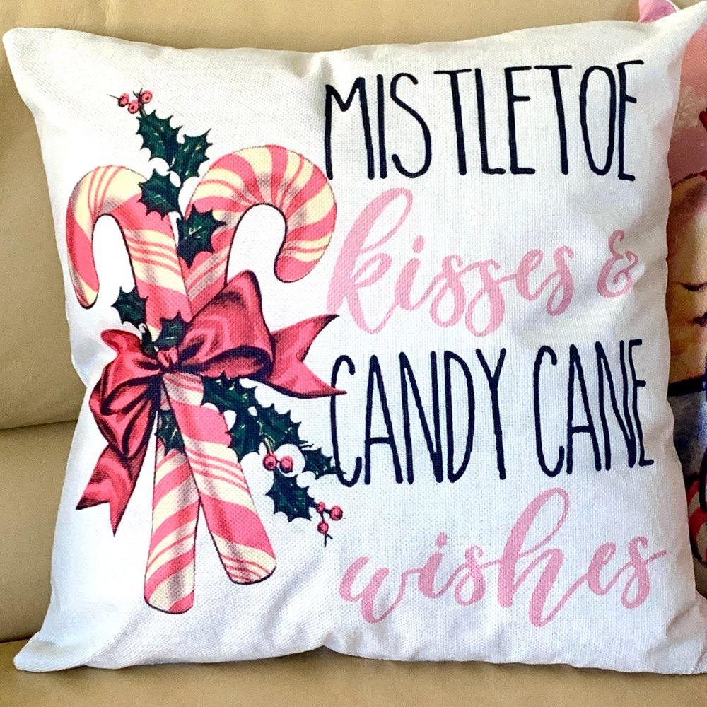 50's Vintage Style Pink Christmas Candy Canes Holly Berry 18" Throw Pillow Cover